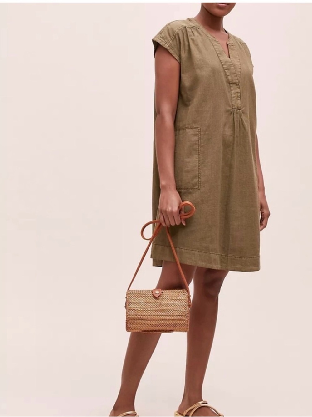 Anthropologie Kimber Linen Olive Green Khaki Tunic Sleeveless Dress